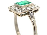 Art Deco Platinum & 18ct White Gold, Emerald & Diamond Rectangular Cluster Ring with Diamond set Shoulders