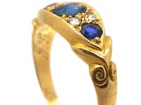 Edwardian 18ct Gold Sapphire & Diamond Three Stone Scroll Design Ring