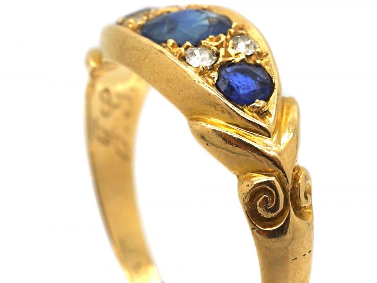 Edwardian 18ct Gold Sapphire & Diamond Three Stone Scroll Design Ring