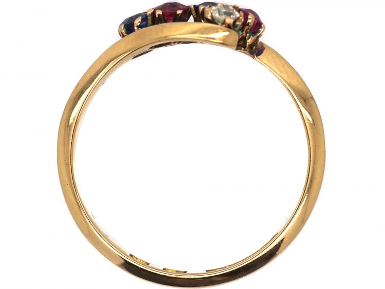 Art Nouveau 18ct Gold, Ruby, Diamond & Sapphire Double Shamrock Ring