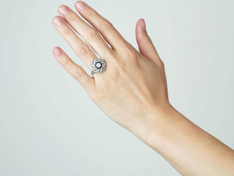 Large Art Deco Platinum, Sapphire & Diamond Target & Coil Ring