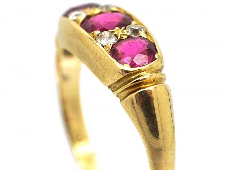 Edwardian 18ct Gold, Ruby & Diamond Three Stone Ring by Deakin & Frances