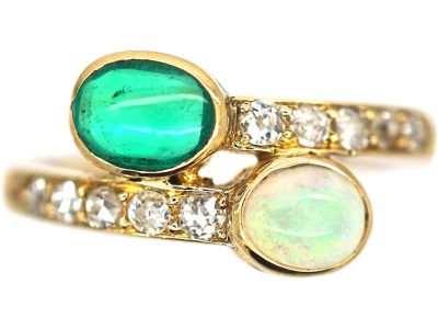 Edwardian 18ct Gold, Cabochon Emerald & Opal Crossover Ring With Diamonds Shoulders