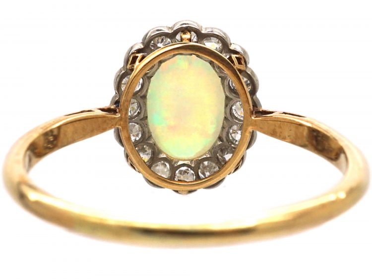 Edwardian 18ct Gold & Platinum, Opal & Diamond Oval Cluster Ring