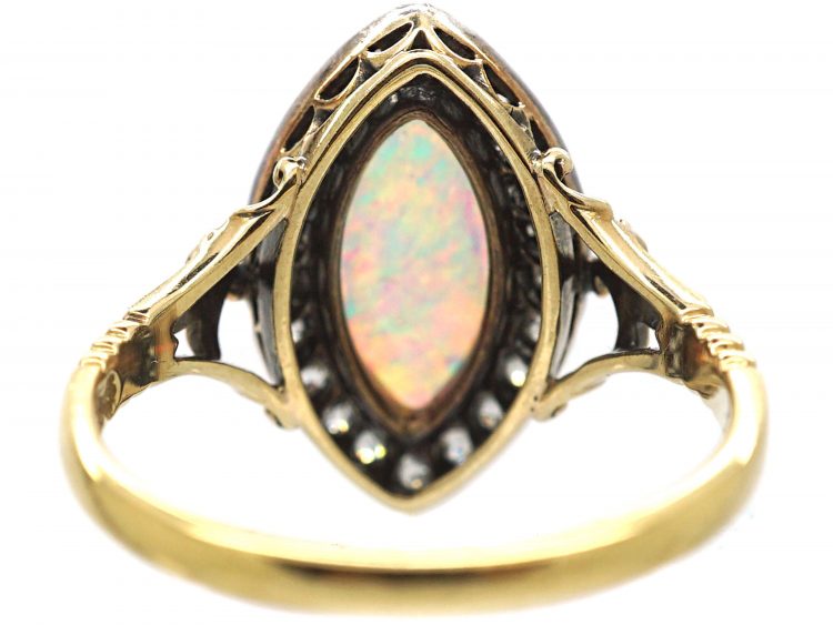 Edwardian 18ct Gold, Opal & Diamond Navette Shaped Ring by Child & Child