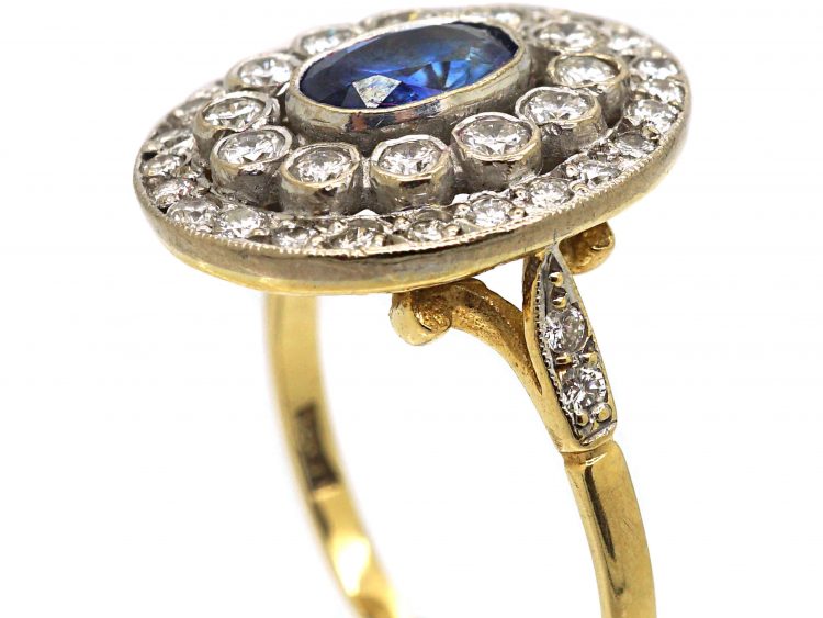 Art Deco 18ct Gold & Platinum, Sapphire & Diamond Oval Cluster Ring