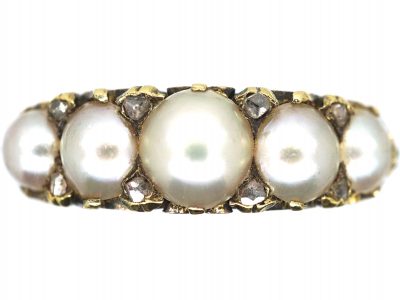 Victorian 18ct Gold, Carved Half Hoop Ring set with Natural Pearls with Diamond Points