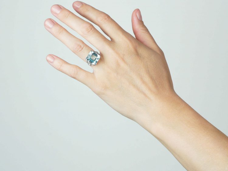 Retro 18ct White Gold, Aquamarine & Diamond Ring