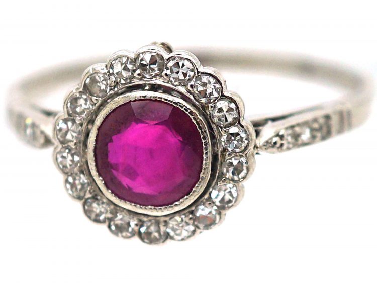 Art Deco Platinum & 18ct Gold, Ruby & Diamond Cluster Ring