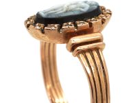 Victorian 14ct Gold Ring with Carved Sardonyx Angel in a Natural Split Pearl Surround