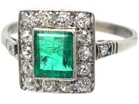 Art Deco Platinum & 18ct White Gold, Emerald & Diamond Rectangular Cluster Ring with Diamond set Shoulders