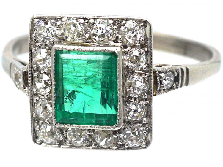 Art Deco Platinum & 18ct White Gold, Emerald & Diamond Rectangular Cluster Ring with Diamond set Shoulders