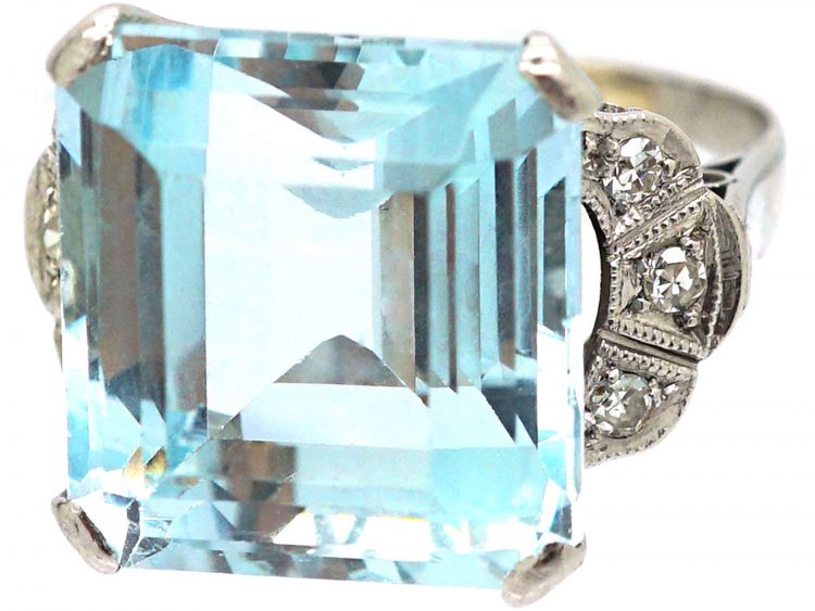 Retro 18ct White Gold, Aquamarine & Diamond Ring