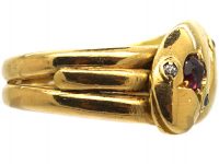 Edwardian 18ct Gold Double Snake Ring set a Ruby & a Diamond