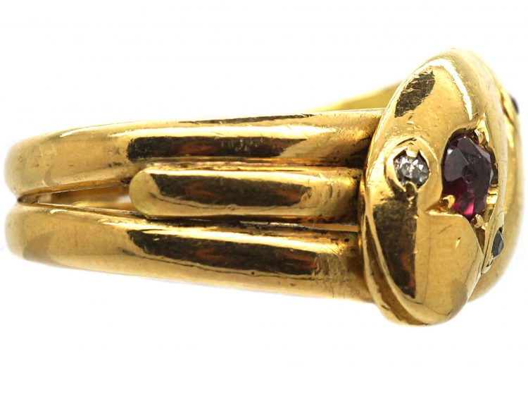 Edwardian 18ct Gold Double Snake Ring set a Ruby & a Diamond