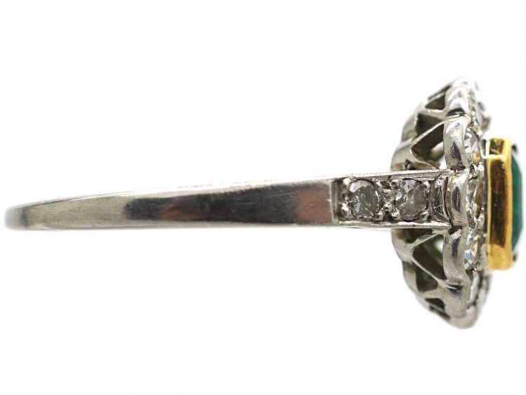 Art Deco Platinum & 18ct Gold, Emerald & Diamond Cluster Ring with Diamond Set Shoulders
