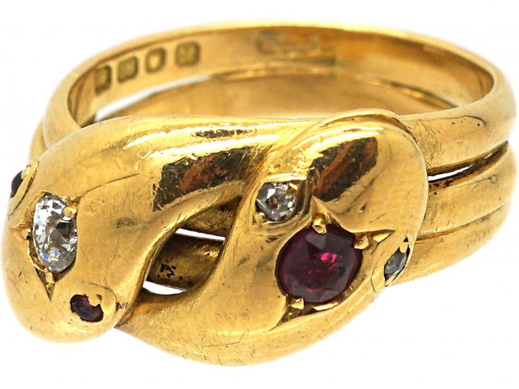 Edwardian 18ct Gold Double Snake Ring set a Ruby & a Diamond