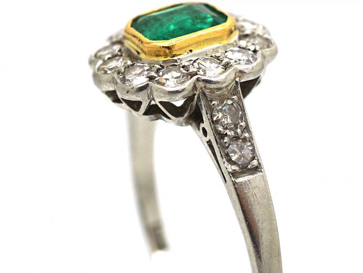 Art Deco Platinum & 18ct Gold, Emerald & Diamond Cluster Ring with Diamond Set Shoulders