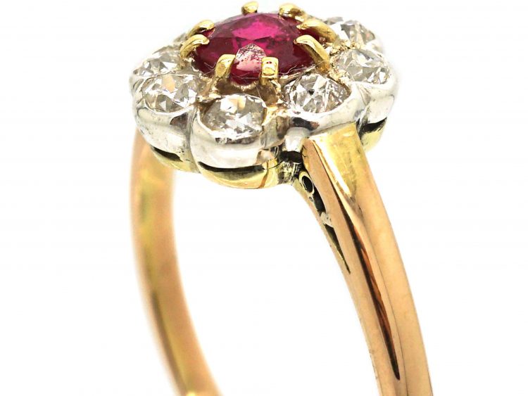 Edwardian 18ct Gold, Ruby & Diamond Cluster Ring