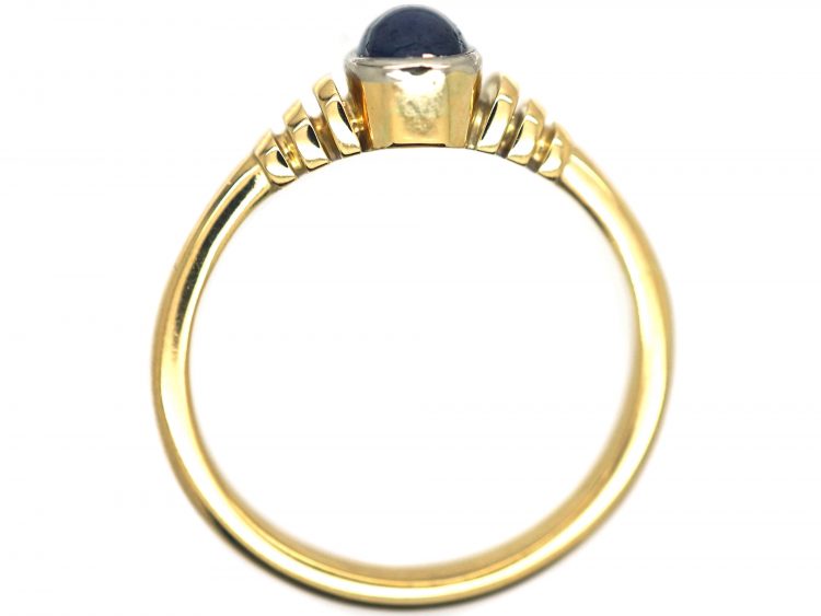 18ct Gold Sapphire Cabochon Single Stone Ring With Vertical Grooved Shoulders