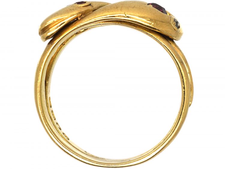 Edwardian 18ct Gold Double Snake Ring set a Ruby & a Diamond