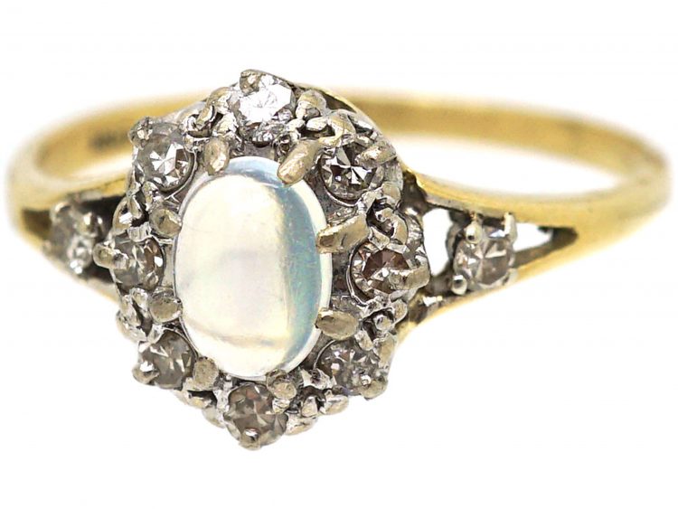 Edwardian 18ct Gold. Moonstone & Diamond Cluster Ring