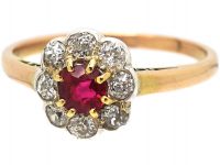 Edwardian 18ct Gold, Ruby & Diamond Cluster Ring