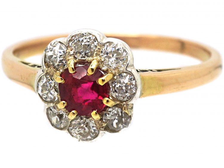 Edwardian 18ct Gold, Ruby & Diamond Cluster Ring