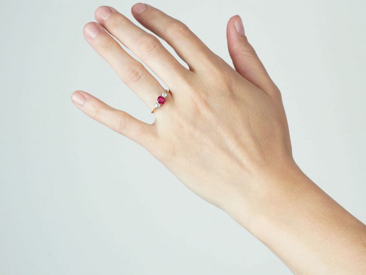 Art Deco 18ct Gold, Ruby & Diamond Three Stone Ring