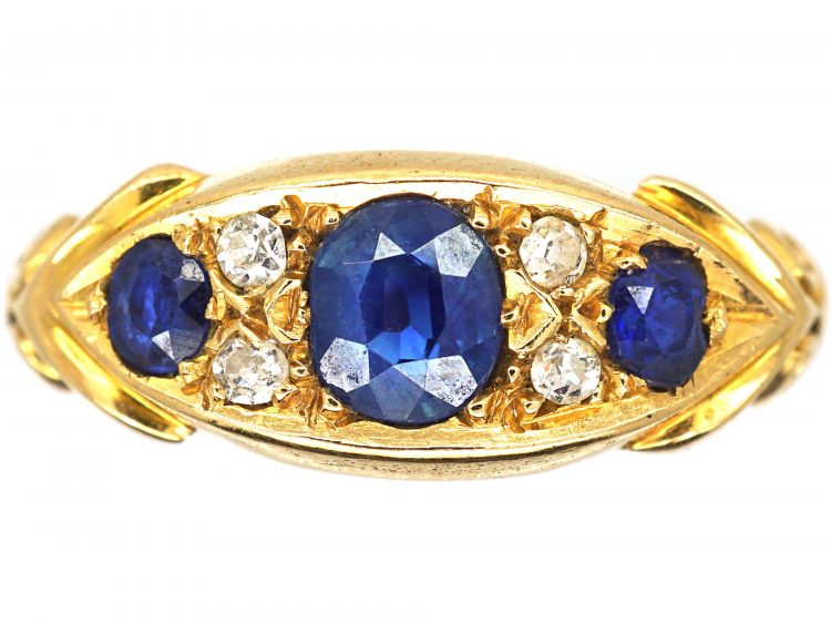 Edwardian 18ct Gold Sapphire & Diamond Three Stone Scroll Design Ring
