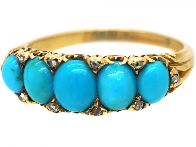 Victorian 18ct Gold, Five Stone Turquoise & Rose Diamond Forget me Not Ring