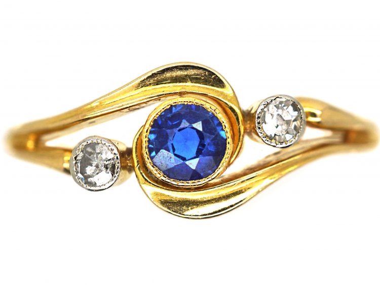 Edwardian 18ct Gold, Sapphire & Diamond Crossover Ring