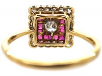 Art Deco 18ct Gold & Platinum, Square Shaped Ring set with Diamonds & Rubies