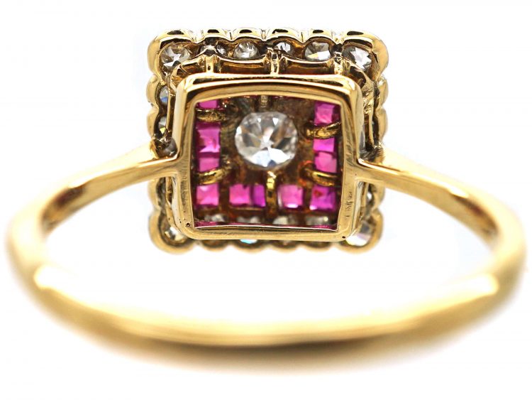 Art Deco 18ct Gold & Platinum, Square Shaped Ring set with Diamonds & Rubies