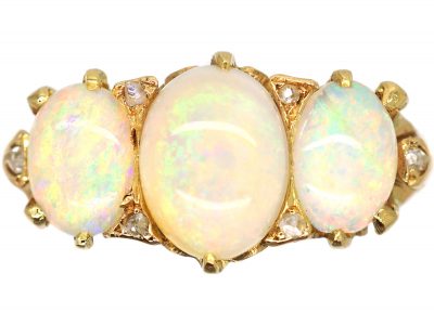 Edwardian 18ct Gold, Three Stone Opal Ring with Rose Diamond Points