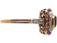 Art Deco 14ct Gold & Platinum, Ruby & Rose Diamond Rectangular Shaped Ring with Diamond Set Shoulders