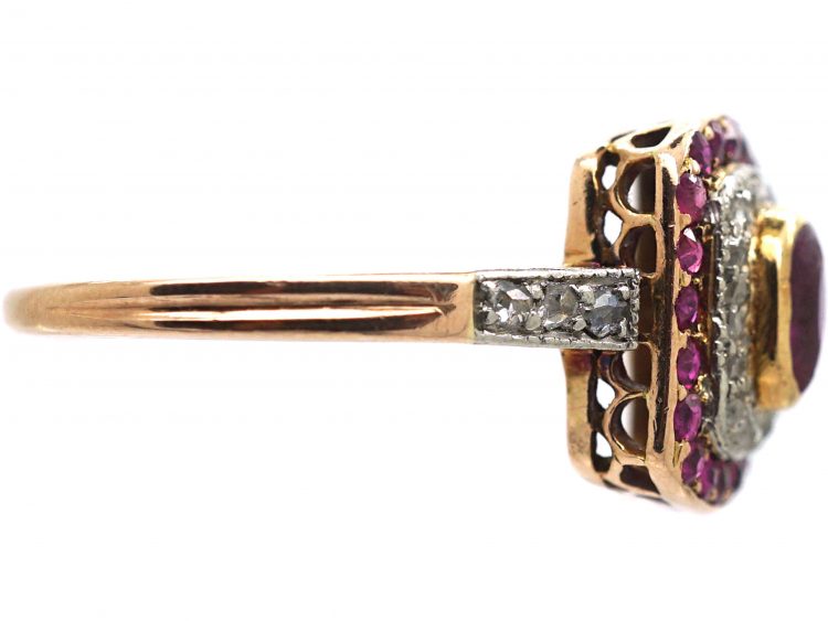 Art Deco 14ct Gold & Platinum, Ruby & Rose Diamond Rectangular Shaped Ring with Diamond Set Shoulders