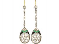 Art Deco 18ct Gold & Platinum, Emerald, Sapphire & Diamond Drop Earrings