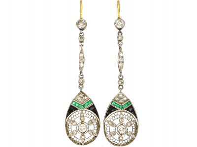Art Deco 18ct Gold & Platinum, Emerald, Sapphire & Diamond Drop Earrings