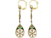 Art Deco 18ct Gold & Platinum, Emerald, Sapphire & Diamond Drop Earrings