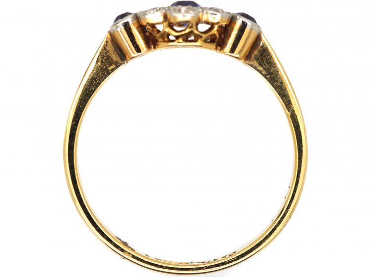 Edwardian 18ct Gold & Platinum, Sapphire & Diamond Cluster Ring with a Sapphire on Either Side