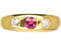 Edwardian 18ct Gold, Pink Sapphire & Diamond Three Stone Rub Over Ring