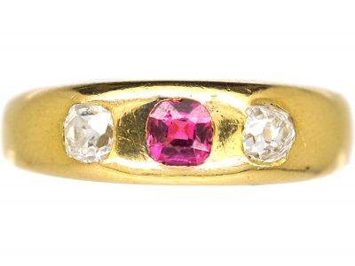 Edwardian 18ct Gold, Pink Sapphire & Diamond Three Stone Rub Over Ring