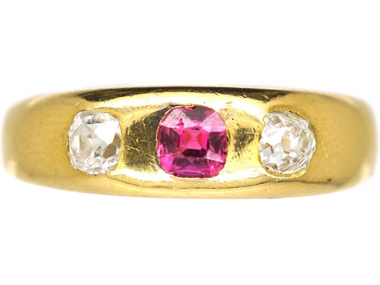 Edwardian 18ct Gold, Pink Sapphire & Diamond Three Stone Rub Over Ring