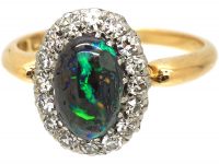 Edwardian 18ct Gold, Wood Opal & Diamond Cluster Ring