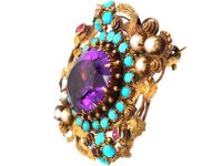 Regency 15ct Two Colour Gold Forget me Not Pendant, Brooch set with an Amethyst, Turquoise & Natural Split Pearls