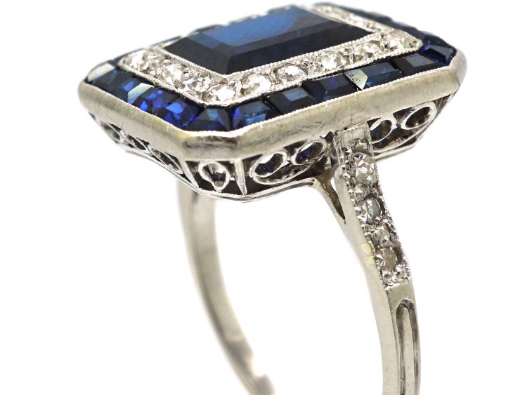French Art Deco Platinum, Sapphire & Diamond Rectangular Ring with Diamond Set Shoulders