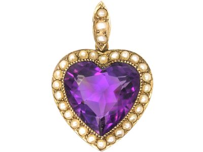 Edwardian 15ct Gold Heart set with a Heart Shaped Amethyst & Natural Split Pearls