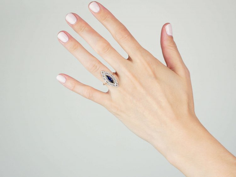 French Art Deco 18ct Gold & Platinum, Sapphire & Diamond Marquise Ring