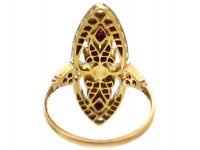 Art Deco 18ct Gold & Platinum, Diamond, Ruby & Natural Pearl Marquise Ring
